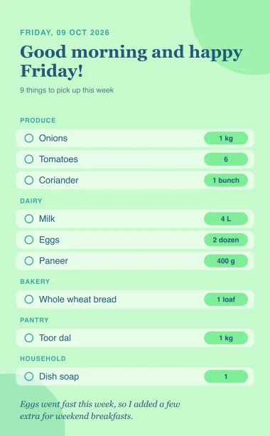 A shopping list image dated Friday, 09 Oct 2026 with the greeting Good morning and happy Friday. Nine items are grouped under produce, dairy, bakery, pantry and household, each with a quantity, and a note at the bottom says eggs went fast this week.