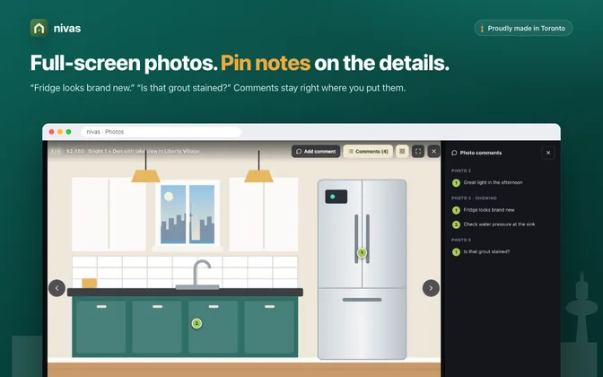 A full-screen listing photo with numbered comment pins and a panel listing the photo comments.