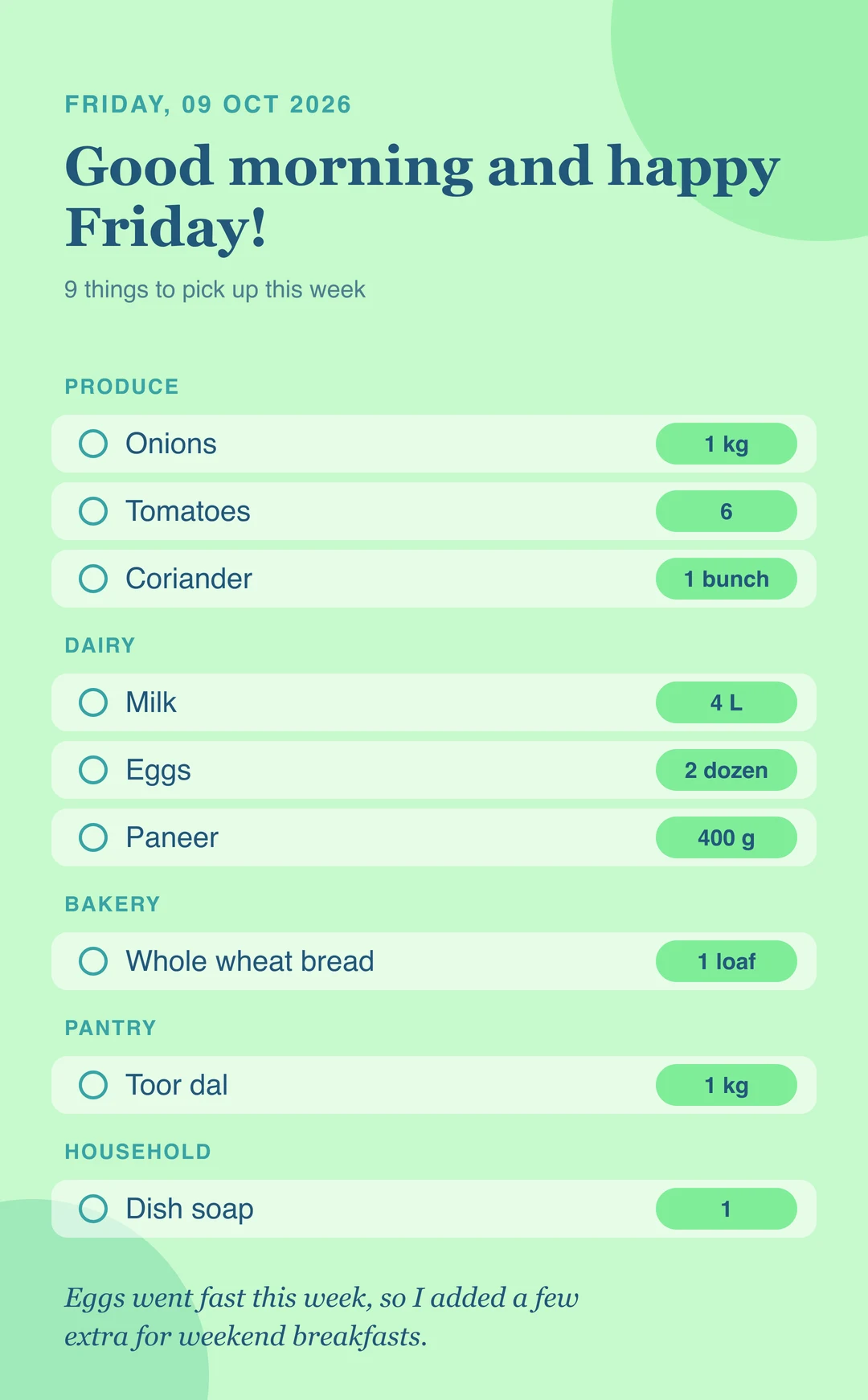 A shopping list image dated Friday, 09 Oct 2026 with the greeting Good morning and happy Friday. Nine items are grouped under produce, dairy, bakery, pantry and household, each with a quantity, and a note at the bottom says eggs went fast this week.